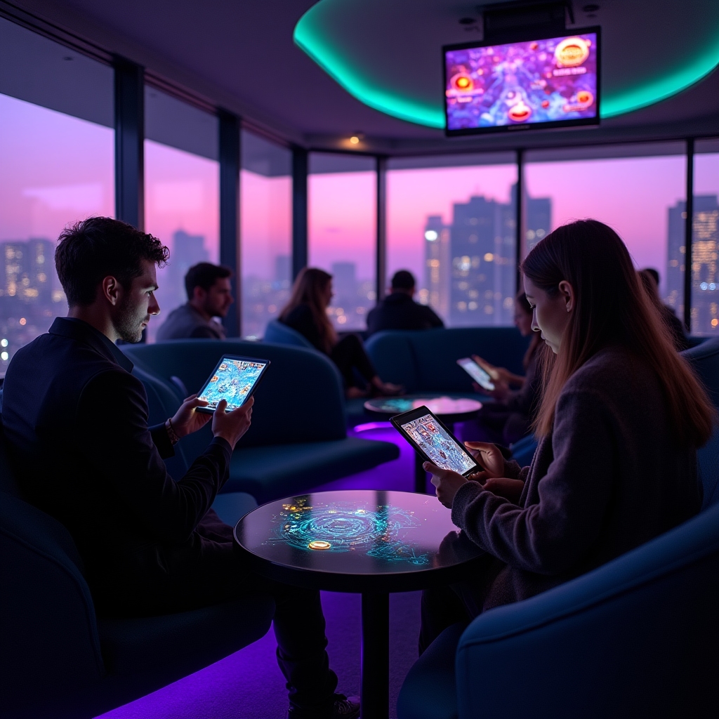 Modern dark gaming lounge with ambient lighting representing Nordic Game Space entertainment atmosphere
